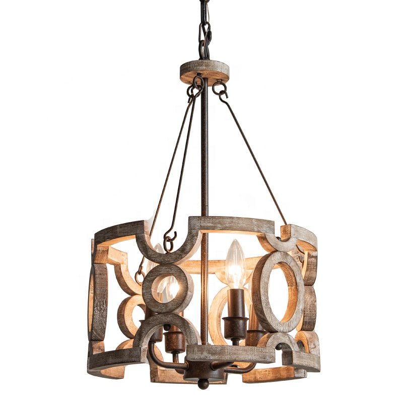 ARENA V.1 - Lampadario rustico in legno e ferro. Color legno anticato. - Gmk Design