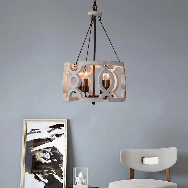 ARENA V.2 - Lampadario rustico in legno e ferro. Colore bianco anticato. - Gmk Design