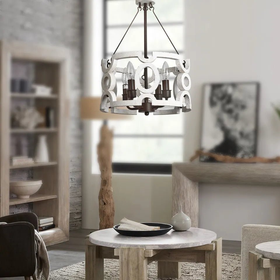 ARENA V.2 - Lampadario rustico in legno e ferro. Colore bianco anticato. - Gmk Design