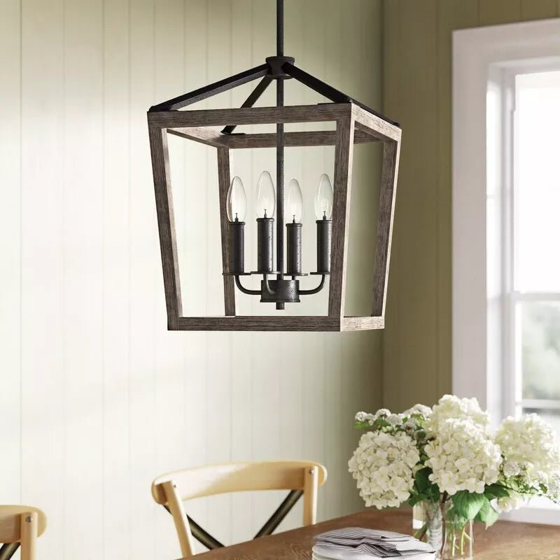 CARTESIO - Lampadario lanterna pendente a 4 luci in legno massello e ferro. Stile minimal rustico chic. - Gmk Design