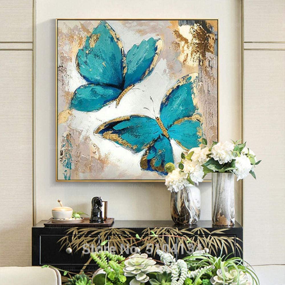 Dipinti ad olio fatti a mano farfalle stilizzate colore turchese con elementi dorati, in varie dimensioni - Gmk Design