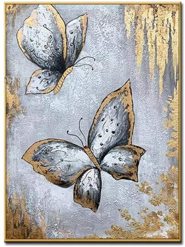 Dipinti ad olio fatti a mano farfalle stilizzate colore argento con elementi dorati, in varie dimensioni - Gmk Design