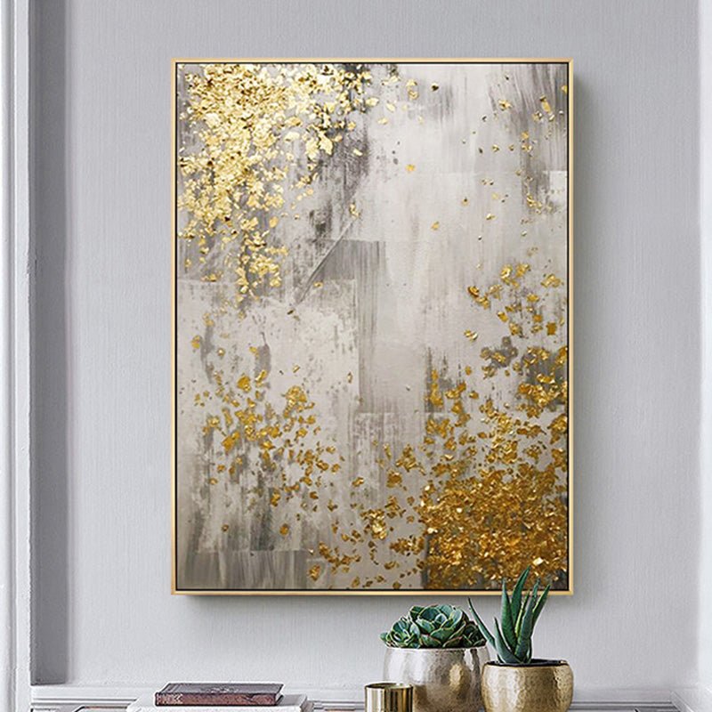 Dipinti ad olio fatti a mano moderno astratto con elementi laminati colore oro - Gmk Design