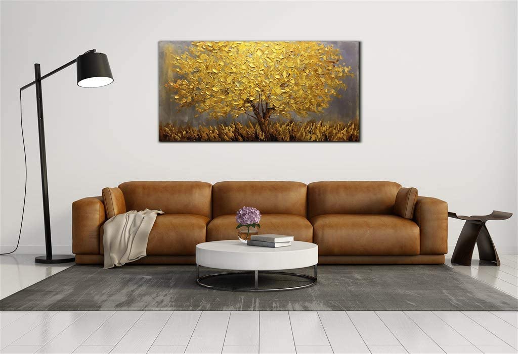 Dipinto ad olio fatto a mano Albero Astratto con foglie dorate. Dimensione 140x70cm in PRONTA CONSEGNA - Gmk Design