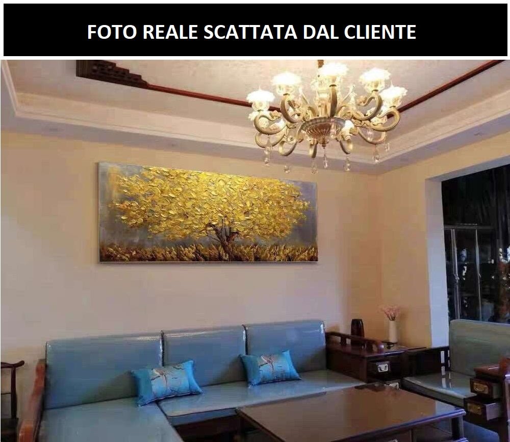 Dipinto ad olio fatto a mano Albero Astratto con foglie dorate su fondo grigio perlato - Gmk Design
