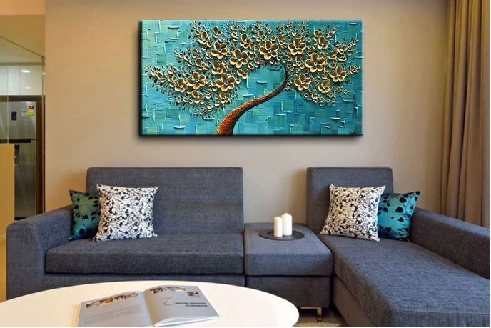 Dipinto ad olio fatto a mano Albero con fiori dorati con sfondo astratto color turchese - Gmk Design