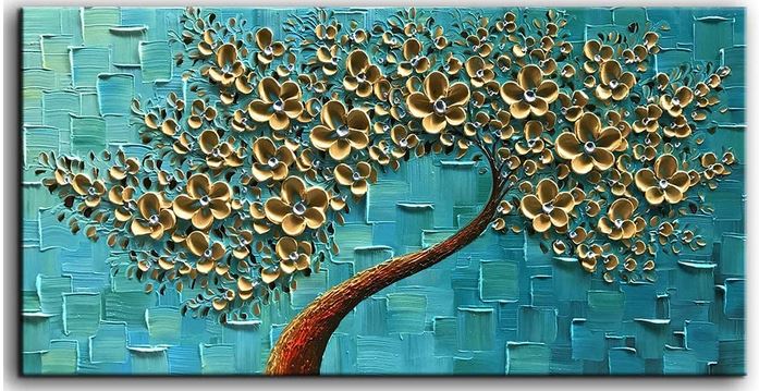 Dipinto ad olio fatto a mano Albero con fiori dorati con sfondo astratto color turchese - Gmk Design