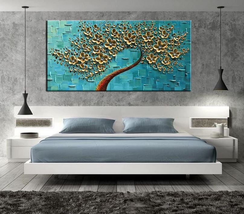 Dipinto ad olio fatto a mano Albero con fiori dorati con sfondo astratto color turchese - Gmk Design