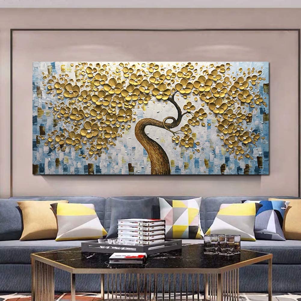 Dipinto ad olio Albero fiorito dai petali dorati su sfondo ciano-grigio-chiaro. DIPINTO SU RICHIESTA. - Gmk Design