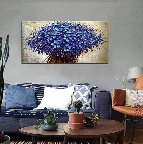 Dipinto ad olio fatto a mano bouquet di fiori blue su fondo astratto - Gmk Design