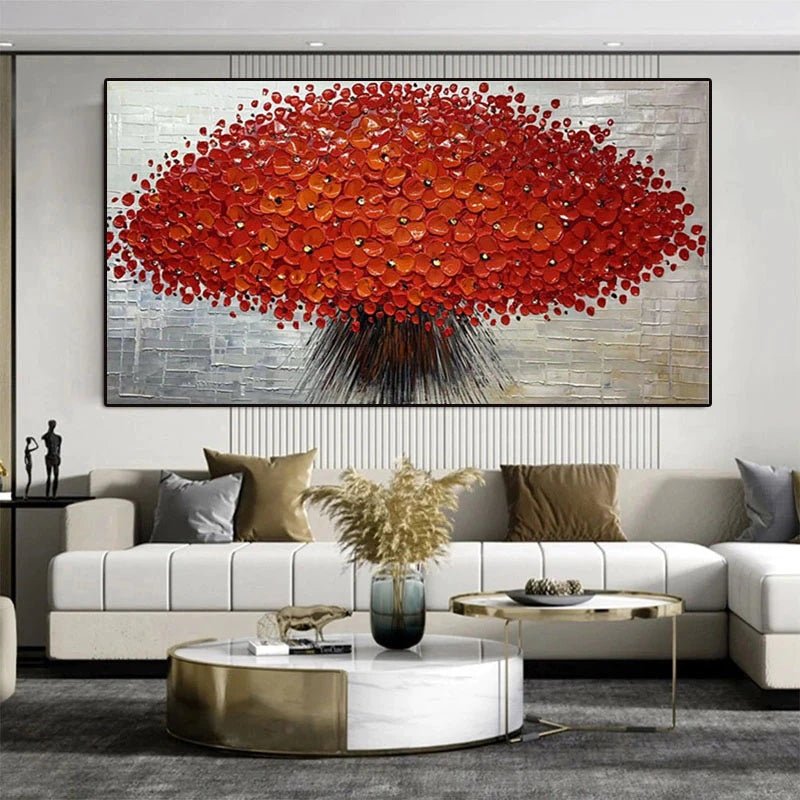 Dipinto ad olio fatto a mano bouquet di fiori rossi su fondo astratto - Gmk Design