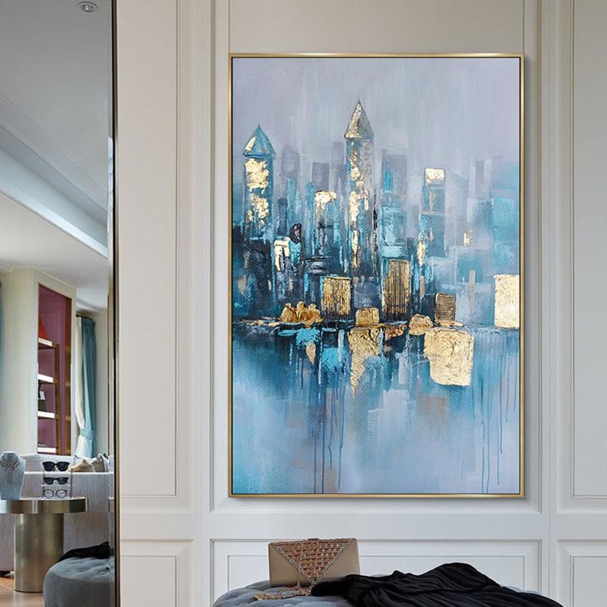 Dipinto ad olio fatto a mano skyline metropolitano con elementi dorati - Gmk Design