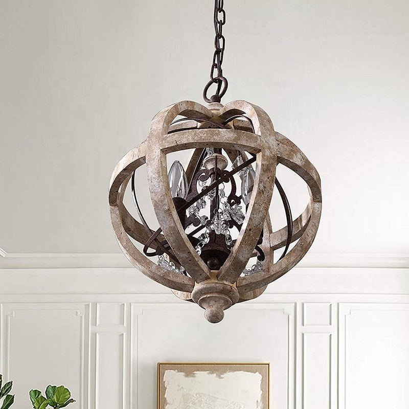 Lampadario forma di globo vintage a 3 luci in legno massello antichizzato e ferro con inserti in cristallo - Gmk Design