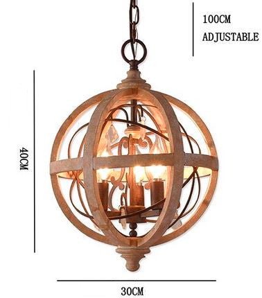 Lampadario forma di globo vintage a 3 luci in legno massello antichizzato e ferro con inserti in cristallo - Gmk Design