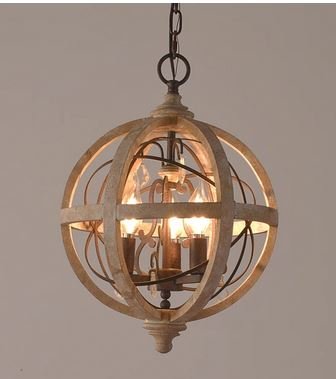 Lampadario forma di globo vintage a 3 luci in legno massello antichizzato e ferro con inserti in cristallo - Gmk Design