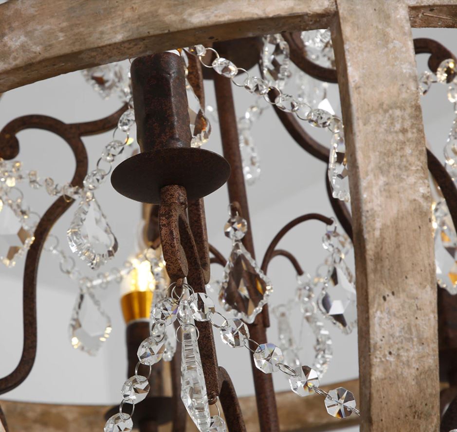 Lampadario forma di globo vintage a 3 luci in legno massello antichizzato e ferro con inserti in cristallo - Gmk Design