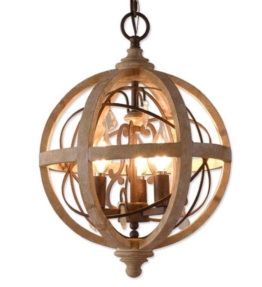 Lampadario forma di globo vintage a 3 luci in legno massello antichizzato e ferro con inserti in cristallo - Gmk Design