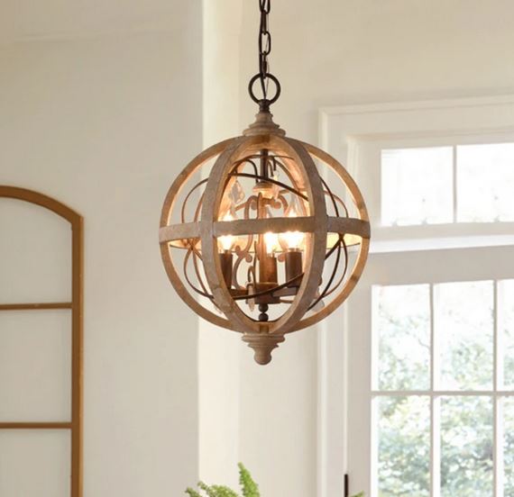 Lampadario forma di globo vintage a 3 luci in legno massello antichizzato e ferro con inserti in cristallo - Gmk Design