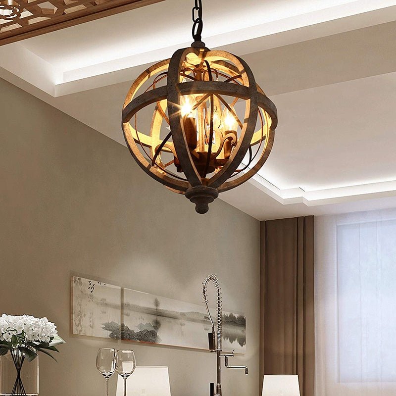 Lampadario forma di globo vintage a 3 luci in legno massello antichizzato e ferro con inserti in cristallo - Gmk Design