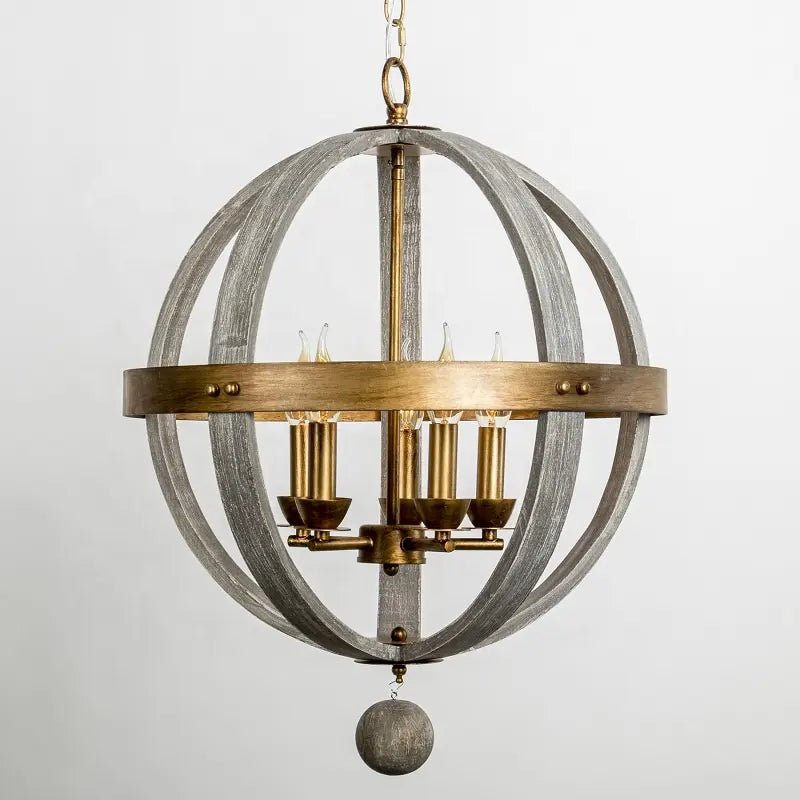 GITANO V.3 - Lampadario forma di globo vintage in legno massello e candelabri in metallo dorato. - Gmk Design