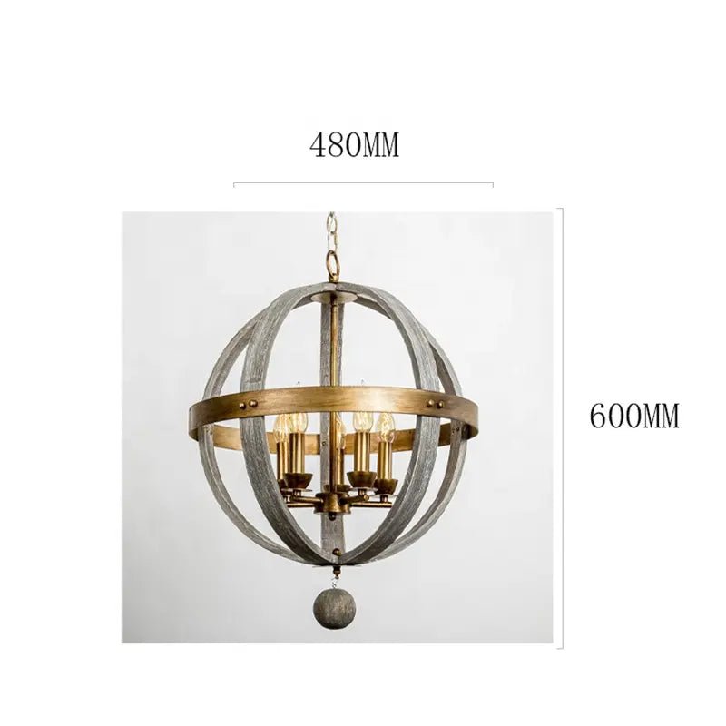 GITANO V.3 - Lampadario forma di globo vintage in legno massello e candelabri in metallo dorato. - Gmk Design