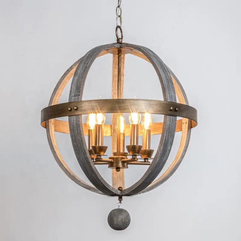 GITANO V.3 - Lampadario forma di globo vintage in legno massello e candelabri in metallo dorato. - Gmk Design