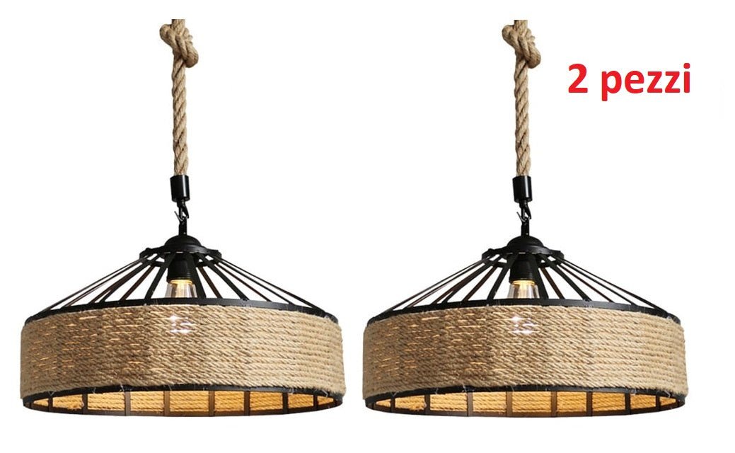 Lampada da soffitto circolare in legno e ferro con avvolgimento in corda di manila in stile navale - Gmk Design