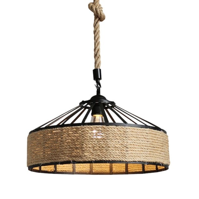 Lampada da soffitto circolare in legno e ferro con avvolgimento in corda di manila in stile navale - Gmk Design