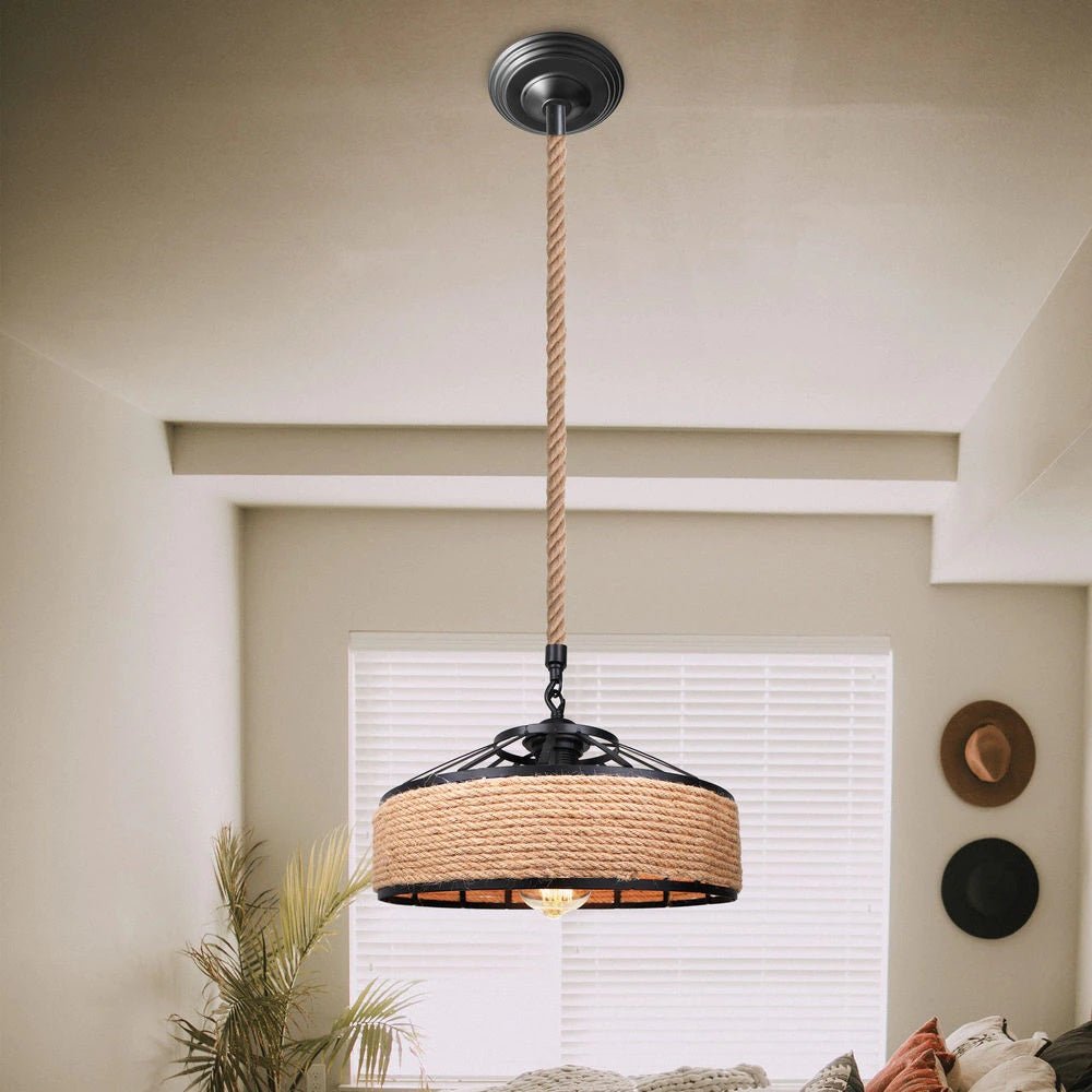 Lampada da soffitto circolare in legno e ferro con avvolgimento in corda di manila in stile navale - Gmk Design