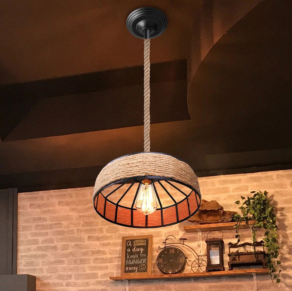 Lampada da soffitto circolare in legno e ferro con avvolgimento in corda di manila in stile navale - Gmk Design