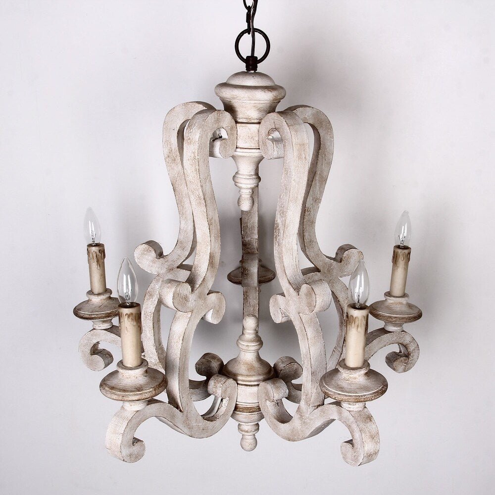IMPERO - Lampadario a 5 luci in legno bianco antichizzato, rustico. Dimensioni 67x73 cm. - Gmk Design