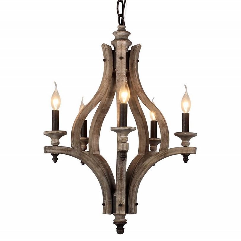 NARCISO - Lampadario a 5 luci in legno massello antico invecchiato rustico. Dimensioni 55x84 cm. - Gmk Design
