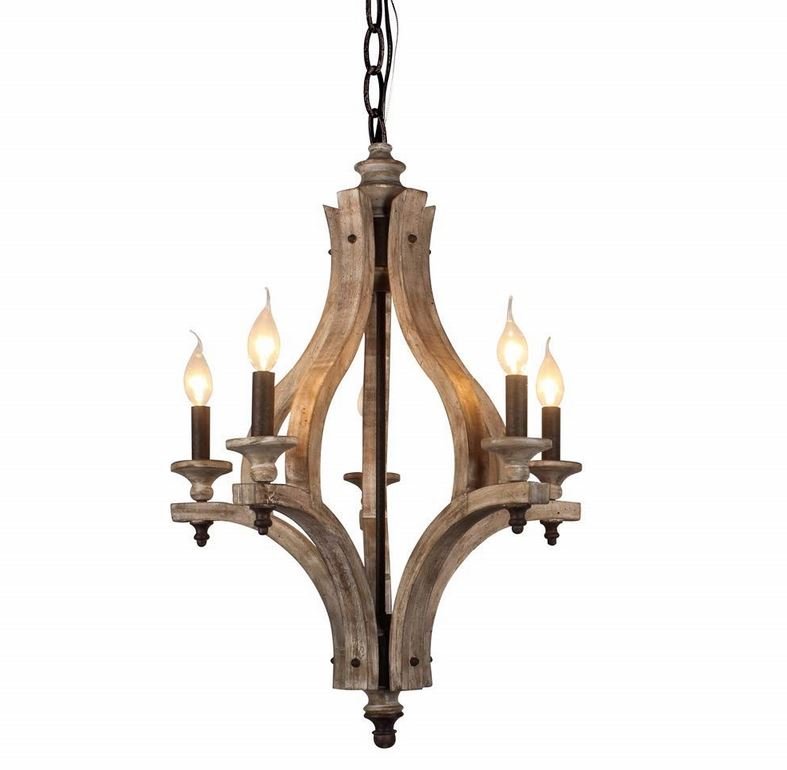 NARCISO - Lampadario a 5 luci in legno massello antico invecchiato rustico. Dimensioni 55x84 cm. - Gmk Design