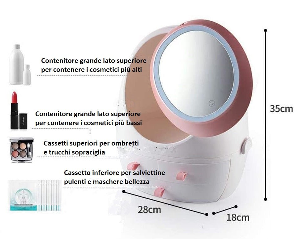 Dispenser organizer cofanetto per trucchi e cosmetici da tavolo con specchio luce LED incorporata. - Gmk Design