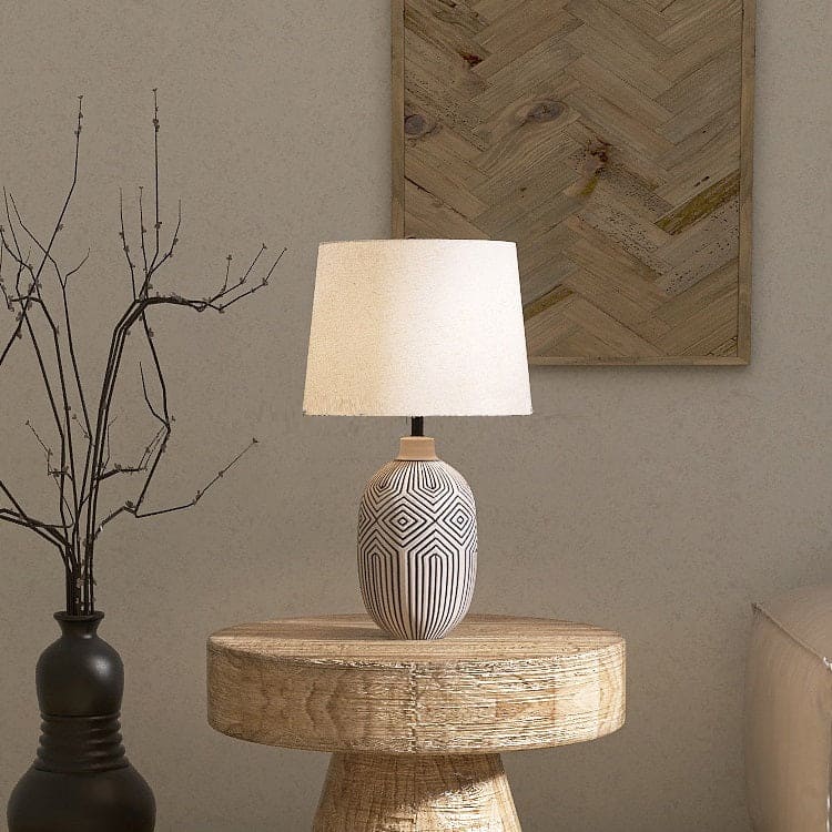 PANDORA - Lampada da tavolo in metallo in ceramica e paralume in tessuto di lino - Gmk Design