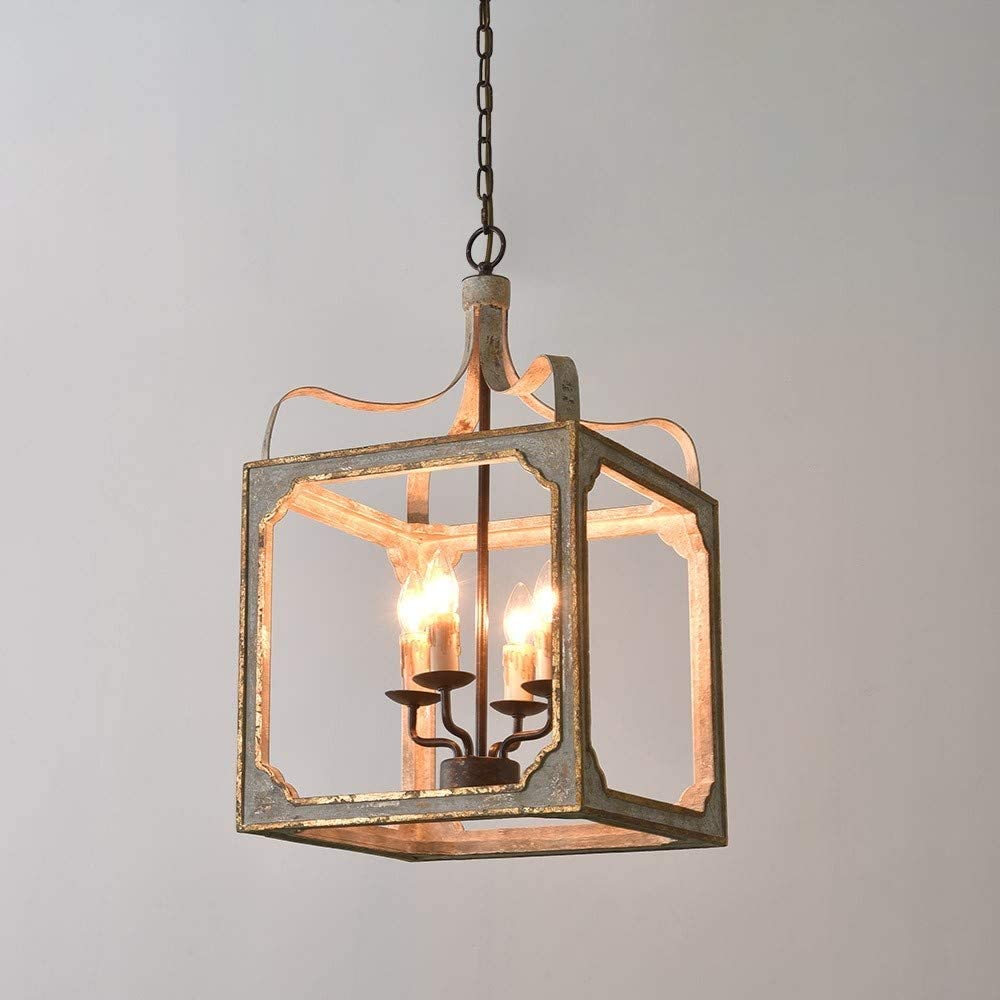 REGGIA - Lampadario a lanterna a 4 luci, colore grigio antico e oro effetto antico retrò - Gmk Design