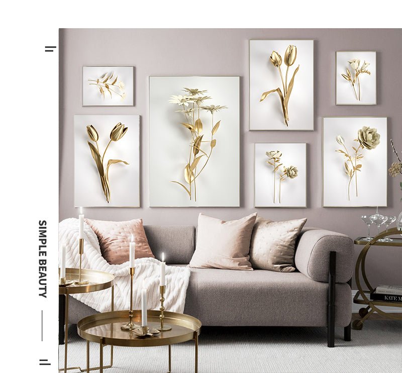Stampe su tela di alta qualità raffiguranti immagini di fiori dorati in differenti design - Gmk Design