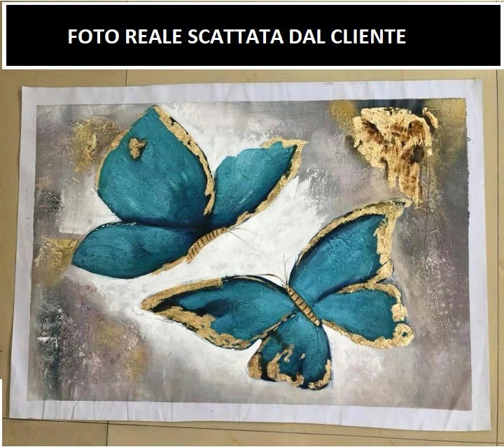 Dipinti ad olio fatti a mano farfalle stilizzate colore turchese con elementi dorati, in varie dimensioni - Gmk Design