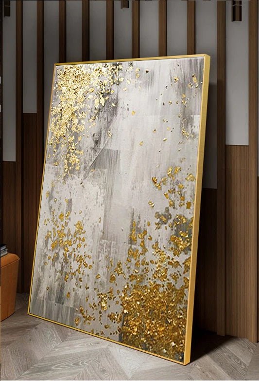 Dipinti ad olio fatti a mano moderno astratto con elementi laminati colore oro - Gmk Design