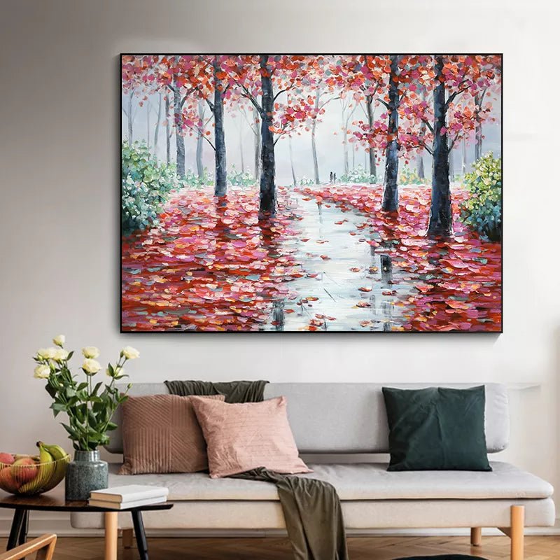 Dipinto ad olio fatto a mano Alberi di autunno rosso autunno. Dimensione 140x70cm in PRONTA CONSEGNA - Gmk Design