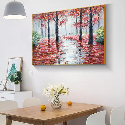 Dipinto ad olio fatto a mano Alberi di autunno rosso autunno. Dimensione 140x70cm in PRONTA CONSEGNA - Gmk Design