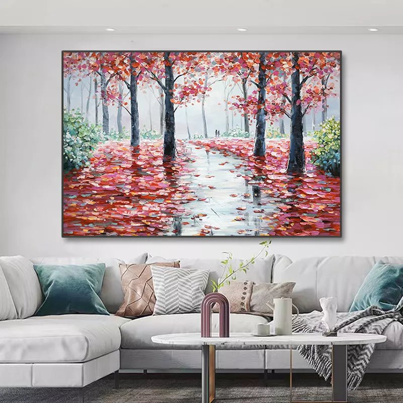 Dipinto ad olio fatto a mano Alberi di autunno rosso autunno. Dimensione 140x70cm in PRONTA CONSEGNA - Gmk Design