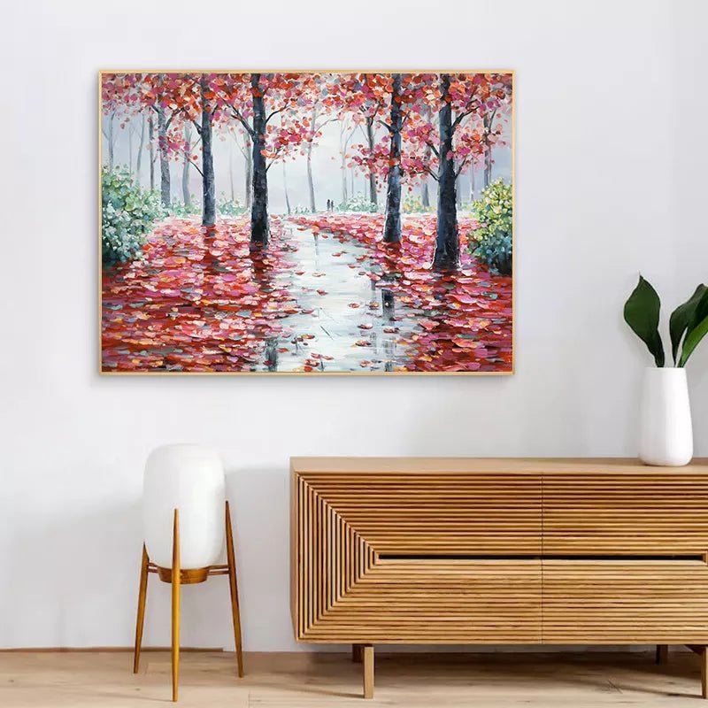 Dipinto ad olio fatto a mano Alberi di autunno rosso autunno. Dimensione 140x70cm in PRONTA CONSEGNA - Gmk Design