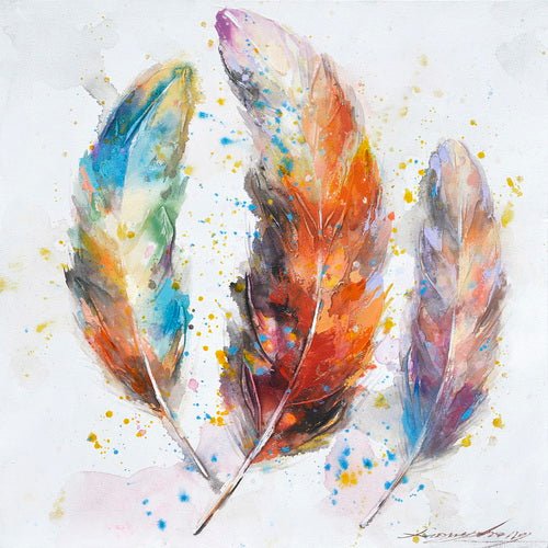 Dipinto ad olio fatto a mano arte moderna astratto piume colorate. Dimensioni 100x100cm - Gmk Design