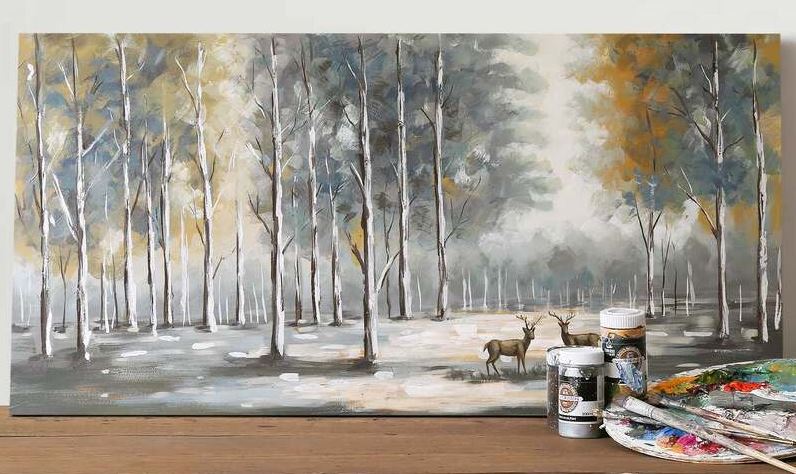 Dipinto ad olio fatto a mano paesaggio, bosco, cervi, autunno. Dimensioni 120x60cm. PRONTA CONSEGNA. - Gmk Design