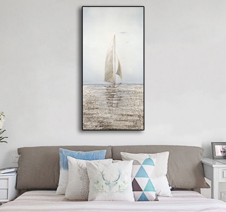 Dipinto ad olio fatto a mano, paesaggio mare barca a vela. Dimensioni 50x100cm. PRONTA CONSEGNA. - Gmk Design