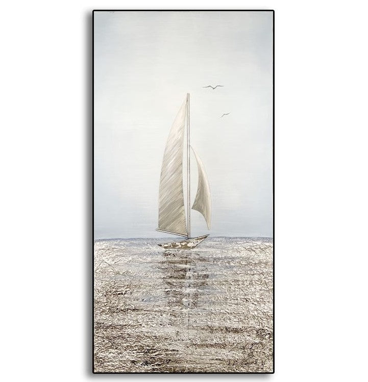 Dipinto ad olio fatto a mano, paesaggio mare barca a vela. Dimensioni 50x100cm. PRONTA CONSEGNA. - Gmk Design