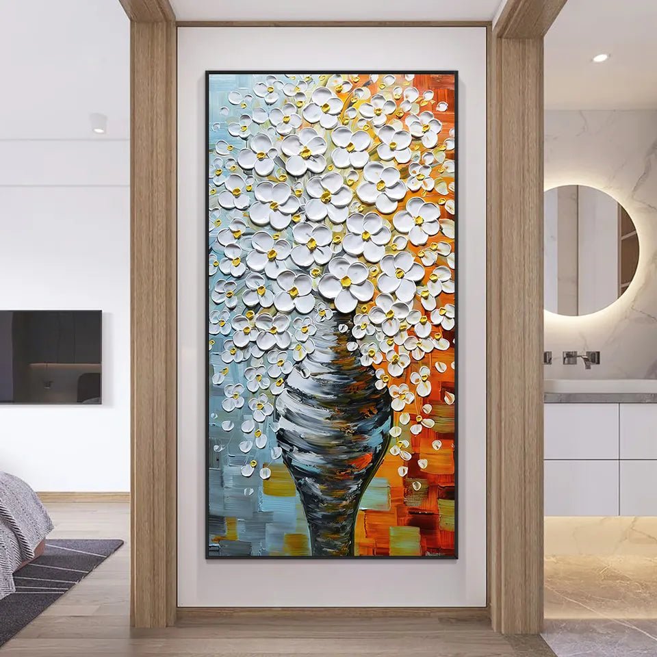 Dipinto ad olio fatto a mano vaso di fiori. Dimensione 70x140cm in PRONTA CONSEGNA - Gmk Design