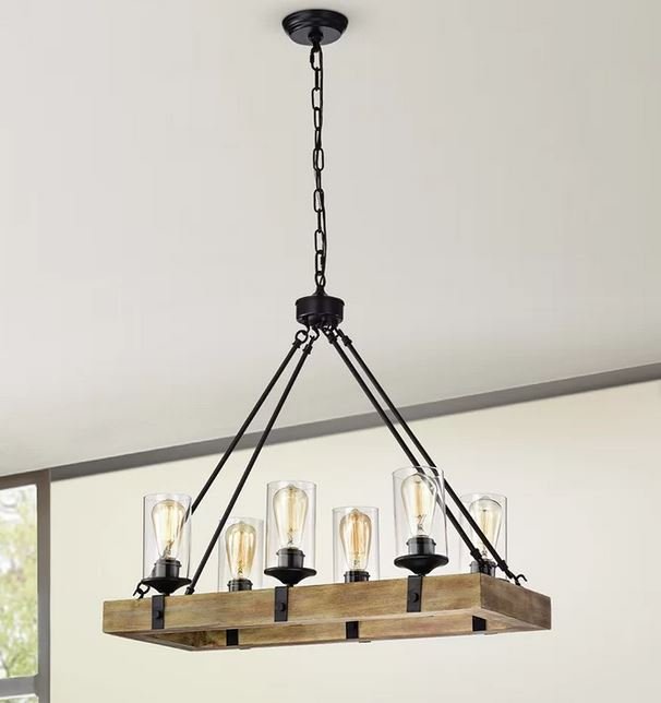 FARMHOUSE V.1 - Lampadario in stile factory a 6 luci in legno scuro opaco e ferro. Dimensioni 76*33*71 cm. - Gmk Design