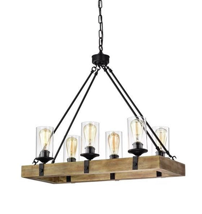 FARMHOUSE V.1 - Lampadario in stile factory a 6 luci in legno scuro opaco e ferro. Dimensioni 76*33*71 cm. - Gmk Design